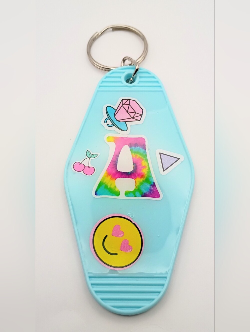 Blue Keychain Card Holder with Tie-Dye 'A' and Stickers